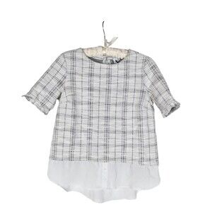 Elle Blouse Women's M White Plaid 3/4 Sleeve Mock Layer Keyhole Back Ruffle